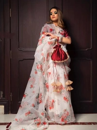 White Organza Digital Print Saree Saree Fabric- Organza   Saree length 5.5 mtr   Blouse Fabric- Banglori Silk  Blouse length 0.8 mtr ( Unstitched )  - White 