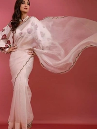 Elegant baby pink organza saree Saree Fabric- Organza   Saree length 5.5 mtr   Blouse Fabric- Tafetta Silk  Blouse length 0.8 mtr ( Unstitched )  - Baby Pink