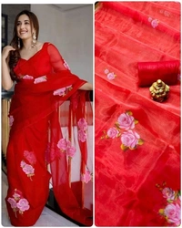 Floral Red Organza Saree Fabric- Organza   Saree length 5.5 mtr   Blouse Fabric- Tafetta Silk  Blouse length 0.8 mtr ( Unstitched )  - Red