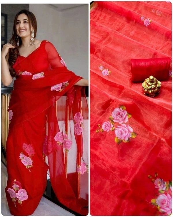 Floral Red Organza Saree Fabric- Organza   Saree length 5.5 mtr   Blouse Fabric- Tafetta Silk  Blouse length 0.8 mtr ( Unstitched )  - Red