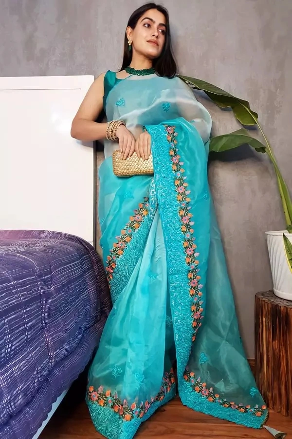 Pure Organza Embroidery Saree Fabric- Organza   Saree length 5.5 mtr   Blouse Fabric- Tafetta Silk  Blouse length 0.8 mtr ( Unstitched )  - Yellow