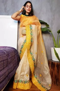 Pure Organza Embroidery Saree Fabric- Organza   Saree length 5.5 mtr   Blouse Fabric- Tafetta Silk  Blouse length 0.8 mtr ( Unstitched )  - Yellow