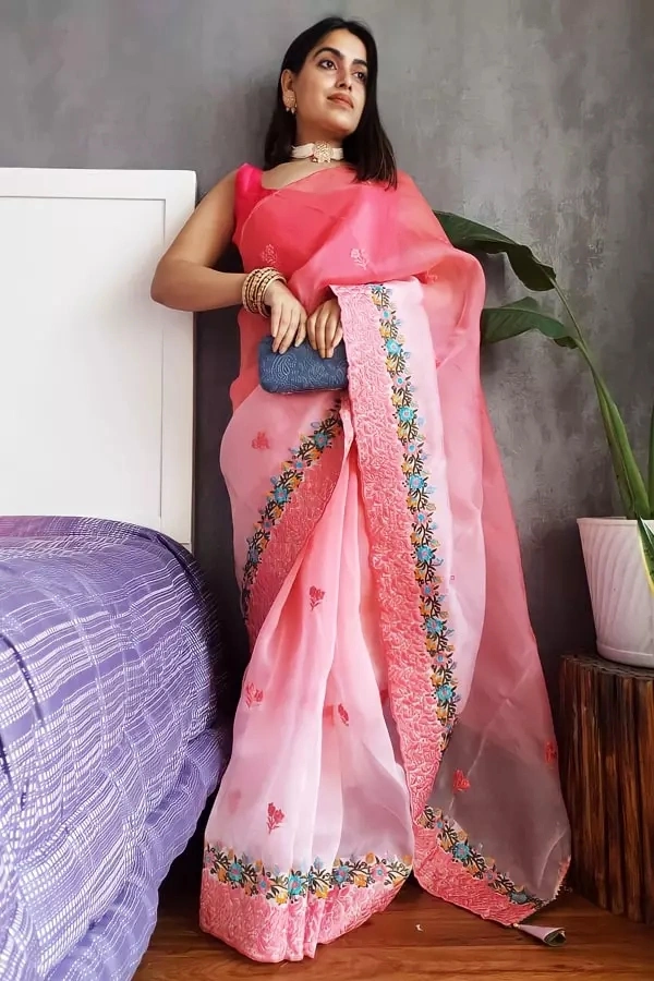 Pure Organza Embroidery Saree Fabric- Organza   Saree length 5.5 mtr   Blouse Fabric- Tafetta Silk  Blouse length 0.8 mtr ( Unstitched )  - Yellow