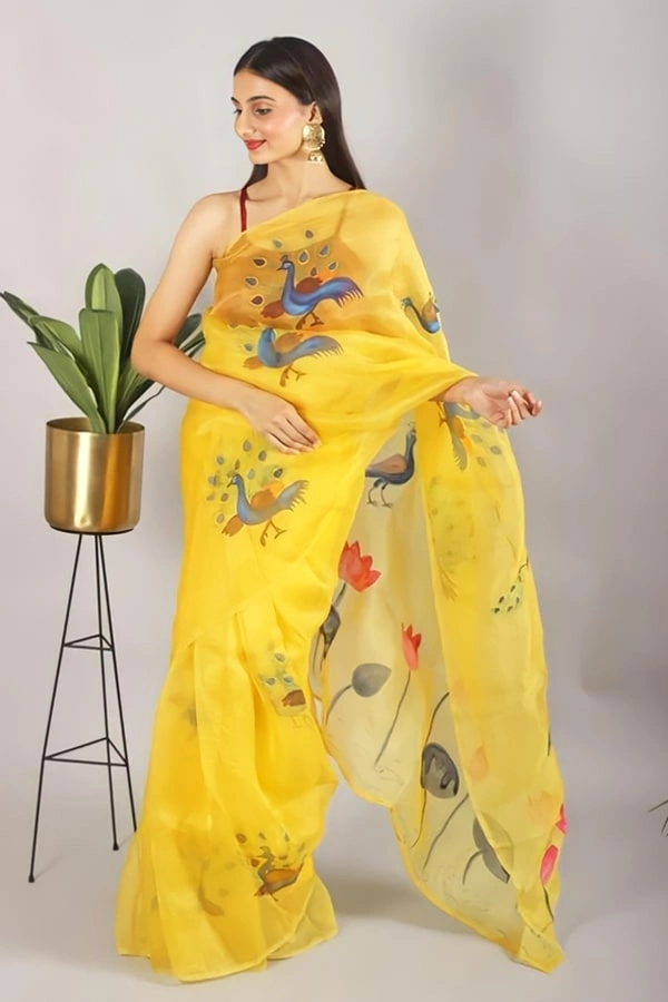 Yellow Organza Saree For Haldi Ceremony Fabric- Organza   Saree length 5.5 mtr   Blouse Fabric- Tafetta Silk  Blouse length 0.8 mtr ( Unstitched ) 