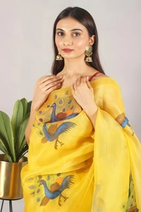 Yellow Organza Saree For Haldi Ceremony Fabric- Organza   Saree length 5.5 mtr   Blouse Fabric- Tafetta Silk  Blouse length 0.8 mtr ( Unstitched ) 