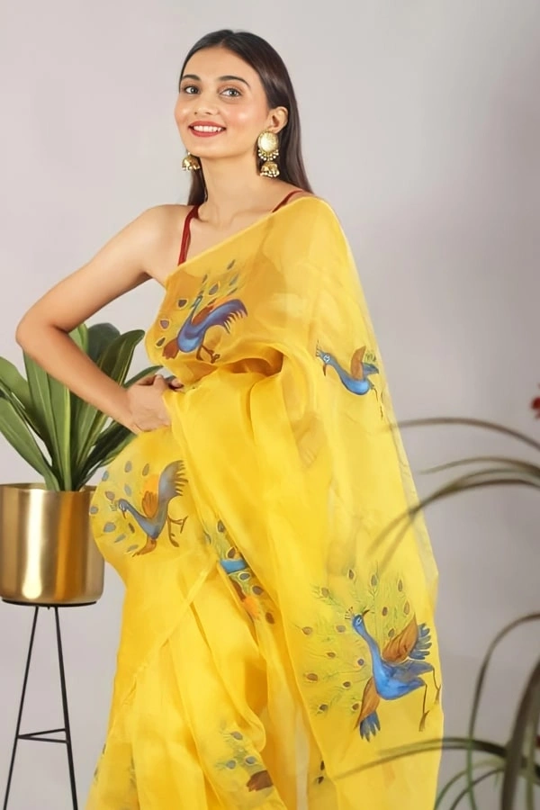 Yellow Organza Saree For Haldi Ceremony Fabric- Organza   Saree length 5.5 mtr   Blouse Fabric- Tafetta Silk  Blouse length 0.8 mtr ( Unstitched ) 