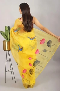 Yellow Organza Saree For Haldi Ceremony Fabric- Organza   Saree length 5.5 mtr   Blouse Fabric- Tafetta Silk  Blouse length 0.8 mtr ( Unstitched ) 