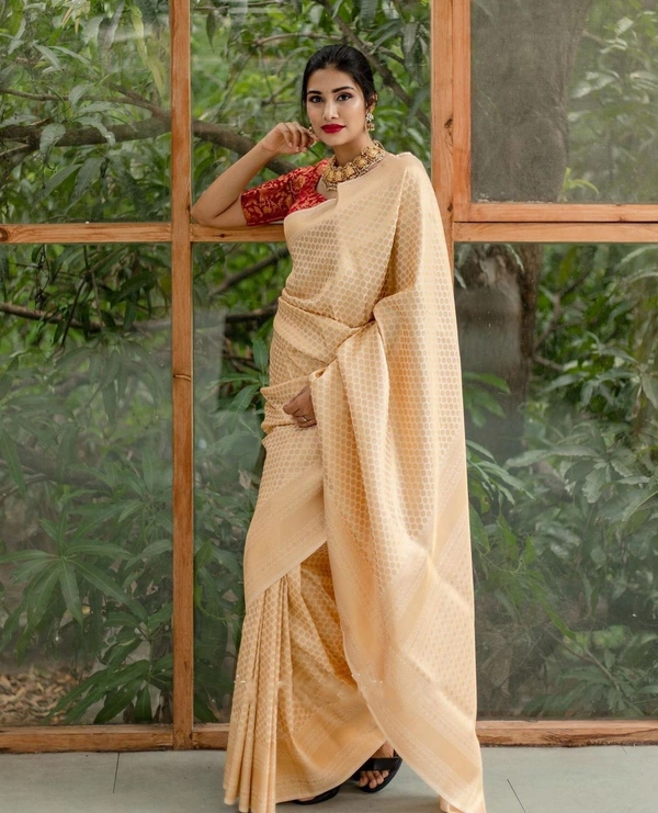 Cream Indian Banaras Woven Saree 