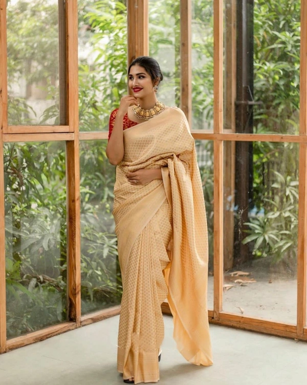 Cream Indian Banaras Woven Saree 
