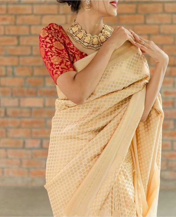Cream Indian Banaras Woven Saree 