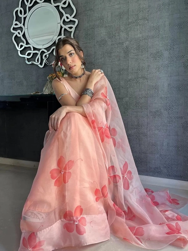 Peach organza silk printed saree - Peach