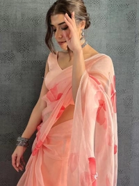 Peach organza silk printed saree - Peach