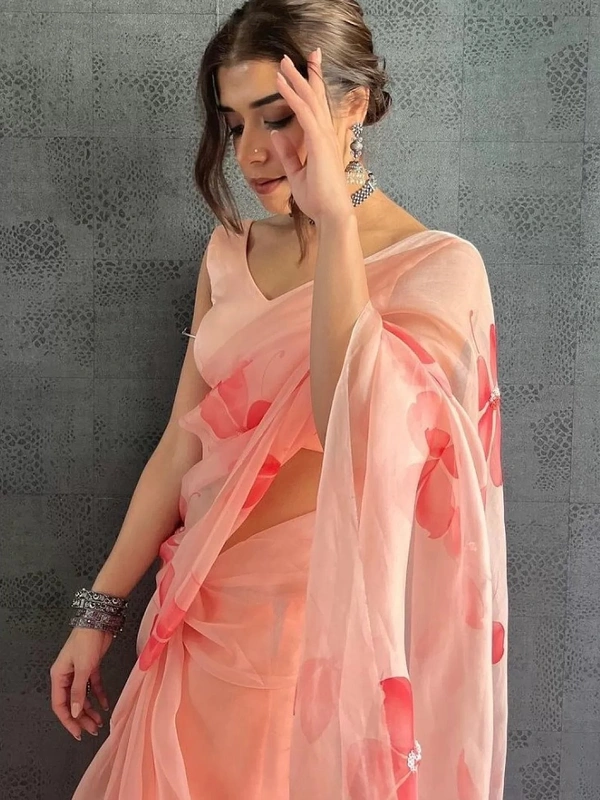 Peach organza silk printed saree - Peach