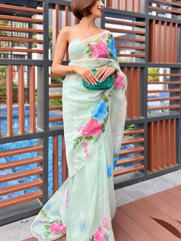 Sea green organza silk flower print and handworked saree - Sea Green 