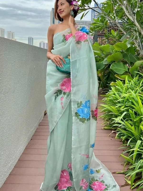 Sea green organza silk flower print and handworked saree - Sea Green 
