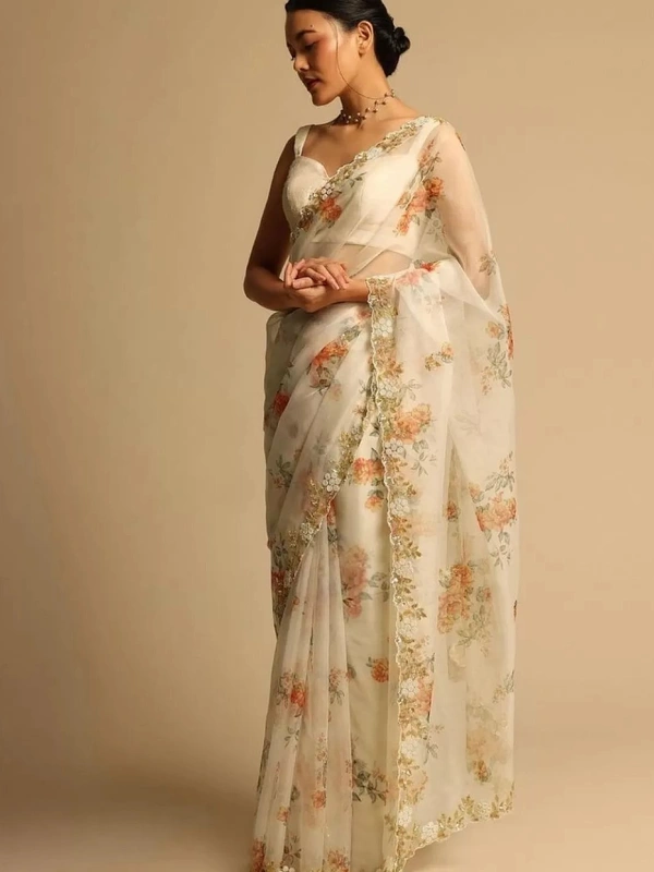 Off white organza handworked and digital printed ceremonial saree - off white