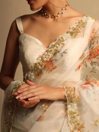 Off white organza handworked and digital printed ceremonial saree - off white