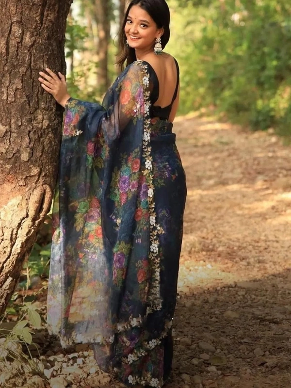 Black organza handworked and digital printed ceremonial saree - black