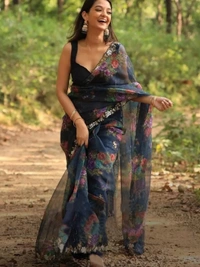 Black organza handworked and digital printed ceremonial saree - black