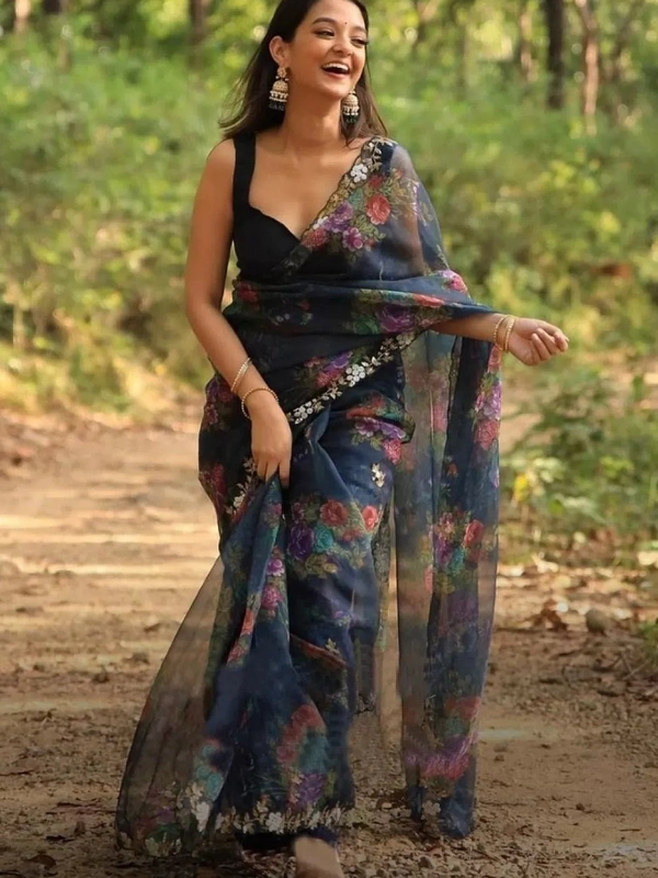 Black organza handworked and digital printed ceremonial saree - black