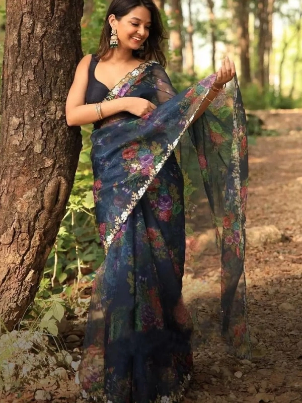 Black organza handworked and digital printed ceremonial saree - black