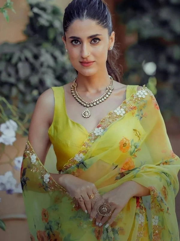 Yellow organza handworked and digital printed ceremonial saree - yellow