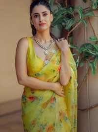 Yellow organza handworked and digital printed ceremonial saree - yellow