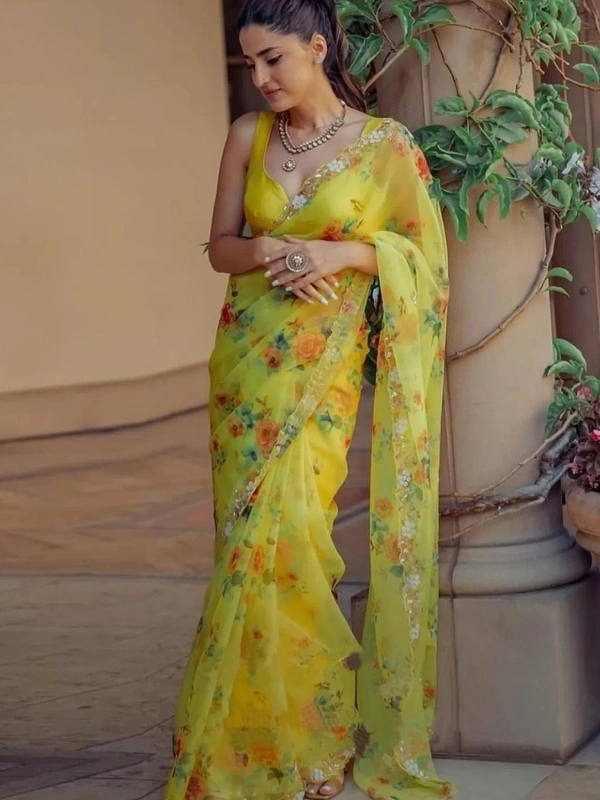 Yellow organza handworked and digital printed ceremonial saree - yellow