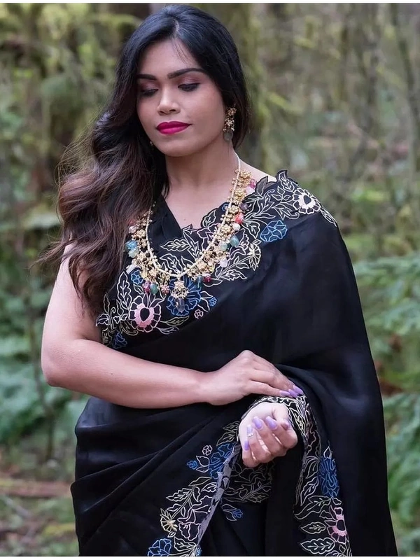 Black heavy organza silk embroidered border work party wear saree - Black