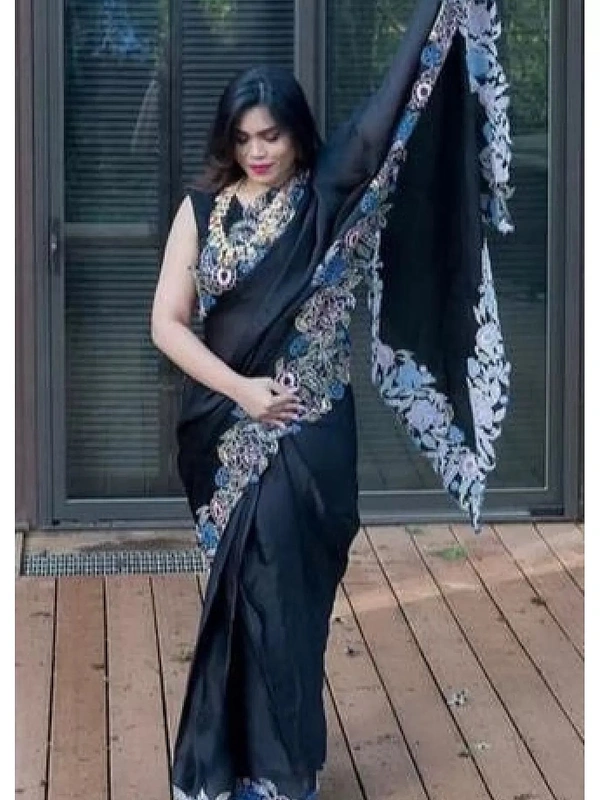 Black heavy organza silk embroidered border work party wear saree - Black