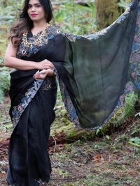 Black heavy organza silk embroidered border work party wear saree - Black