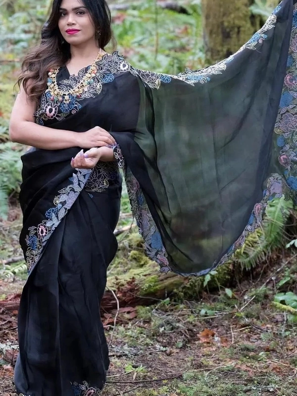 Black heavy organza silk embroidered border work party wear saree - Black