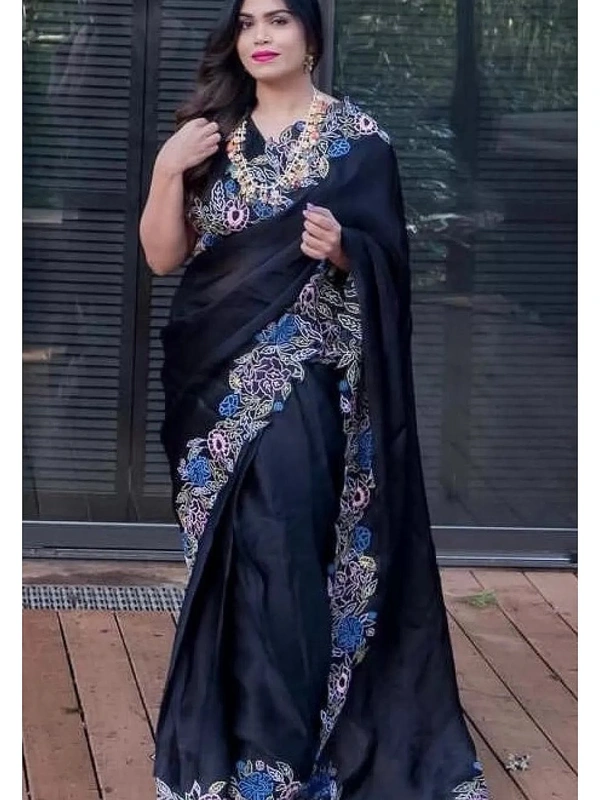 Black heavy organza silk embroidered border work party wear saree - Black