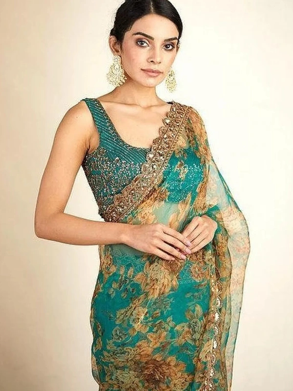 Rama organza sequence embroidered work party wear saree - Rama