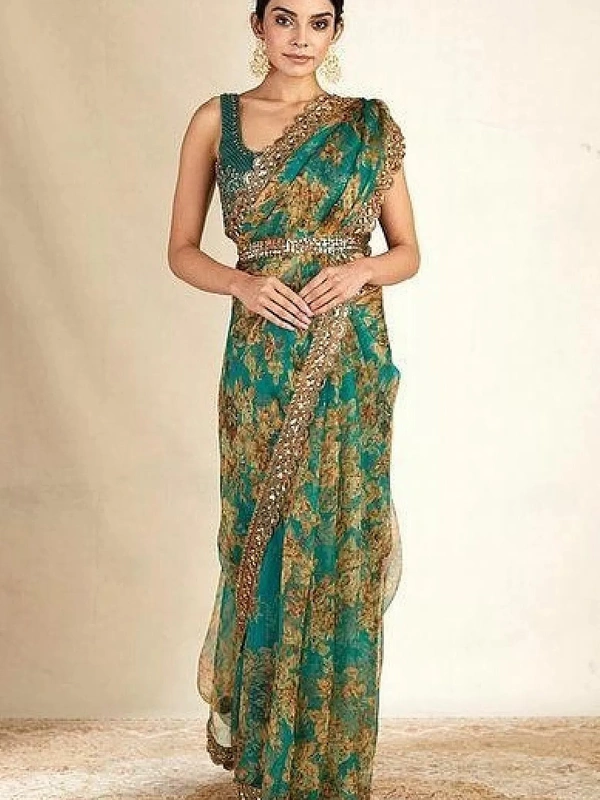 Rama organza sequence embroidered work party wear saree - Rama