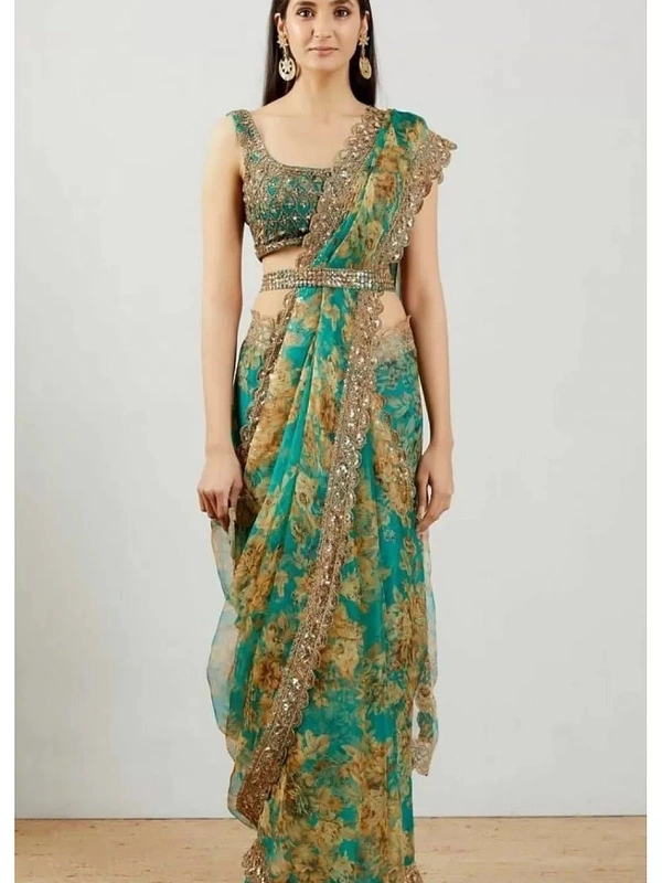 Rama organza sequence embroidered work party wear saree - Rama