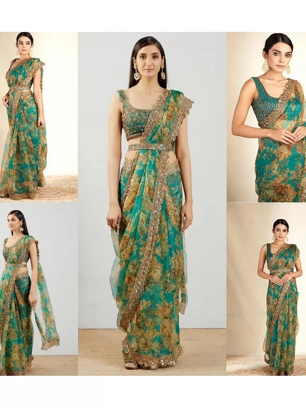 Rama organza sequence embroidered work party wear saree - Rama