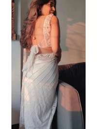 White organza silk zari embroidered and mirror work saree - white