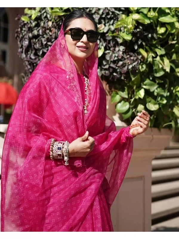 Pink organza silk digital printed work fancy saree - Pink