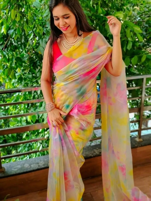 Multicolour pure soft organza silk printed saree - multicolour