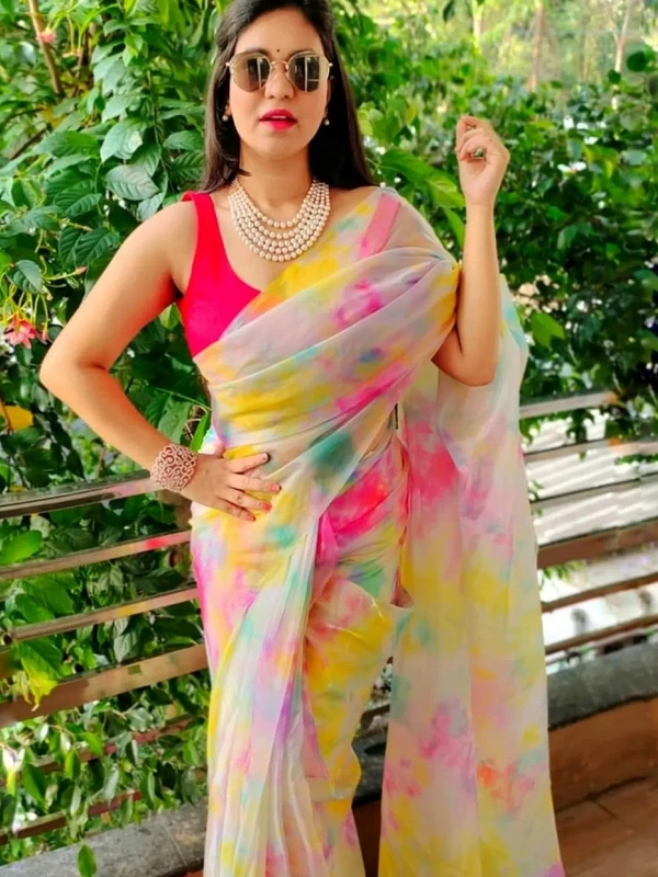 Multicolour pure soft organza silk printed saree - multicolour