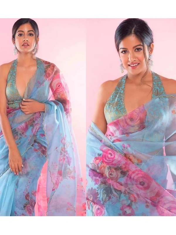 Sky blue soft organza flower printed ceramic stone work saree - sky blue