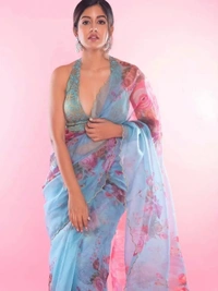 Sky blue soft organza flower printed ceramic stone work saree - sky blue
