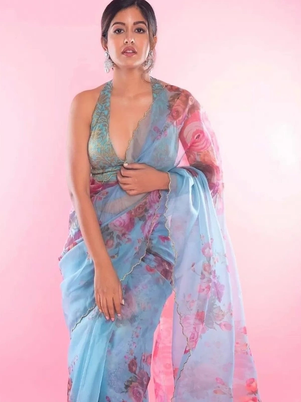 Sky blue soft organza flower printed ceramic stone work saree - sky blue