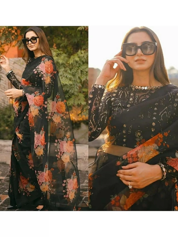Black soft organza silk with digital flower printed work saree - Black 