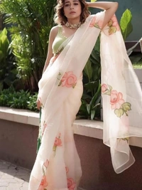 Light peach organza digital flower printed work ceremonial saree - light peach