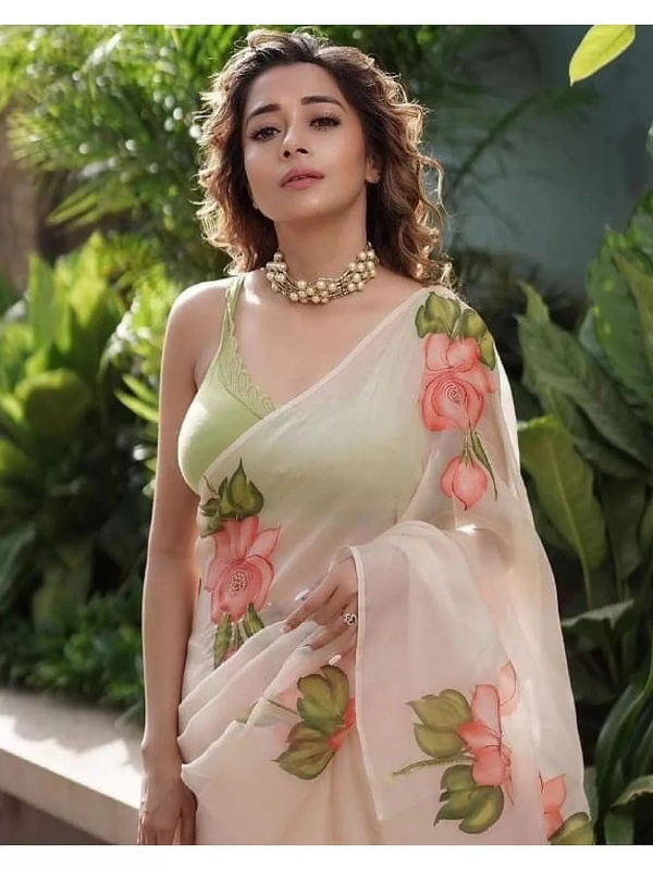 Light peach organza digital flower printed work ceremonial saree - light peach