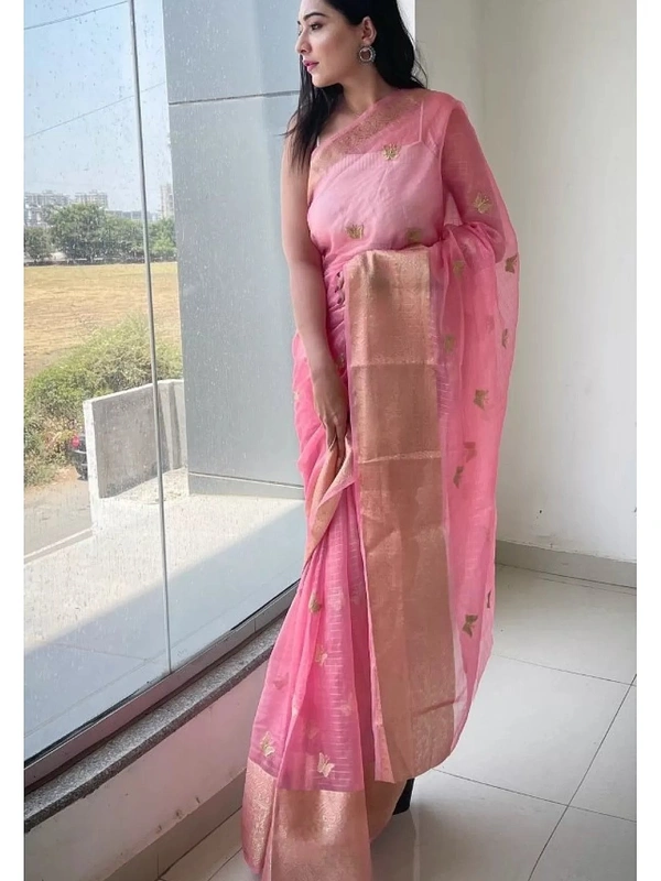 Baby pink organza sequence embroidered designer party wear saree - baby pink