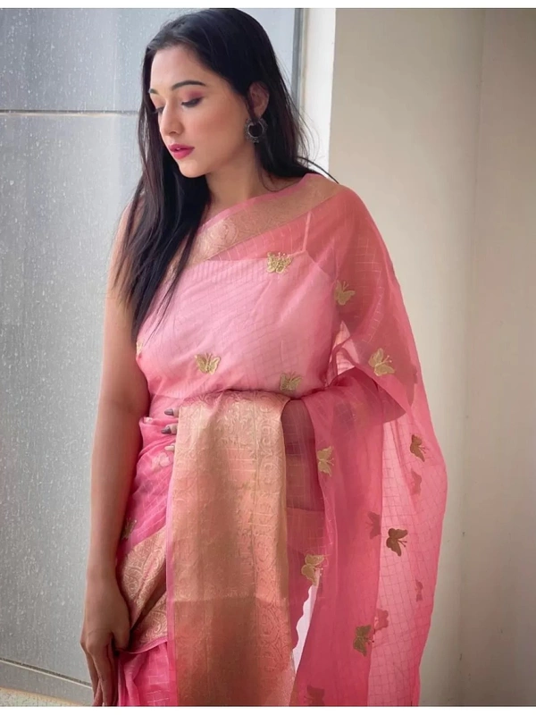 Baby pink organza sequence embroidered designer party wear saree - baby pink