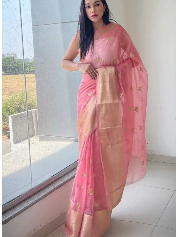 Baby pink organza sequence embroidered designer party wear saree - baby pink